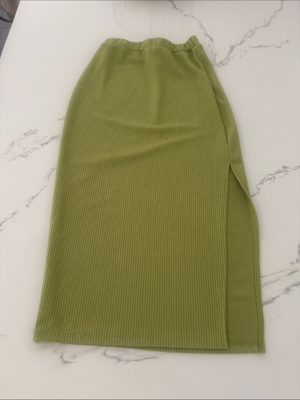 SHEIN Olive Green Ribbed Midi Pencil Skirt with Side Slit